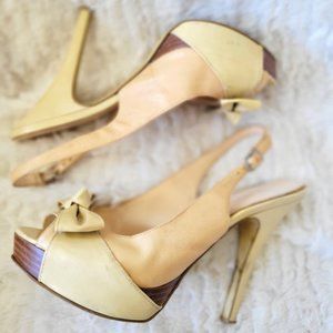 Beige Peeptoe Slingback Heels w patent Bows and wood details